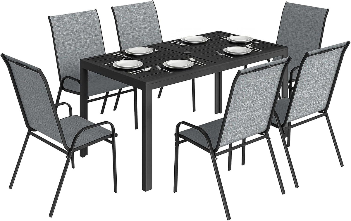 Juegos de comedor, Outsunny, Conjunto de Mesa y Sillas Jardín de 7 Piezas, Muebles Jardín Exterior con Mesa Metálica Efecto Madera con Agujero