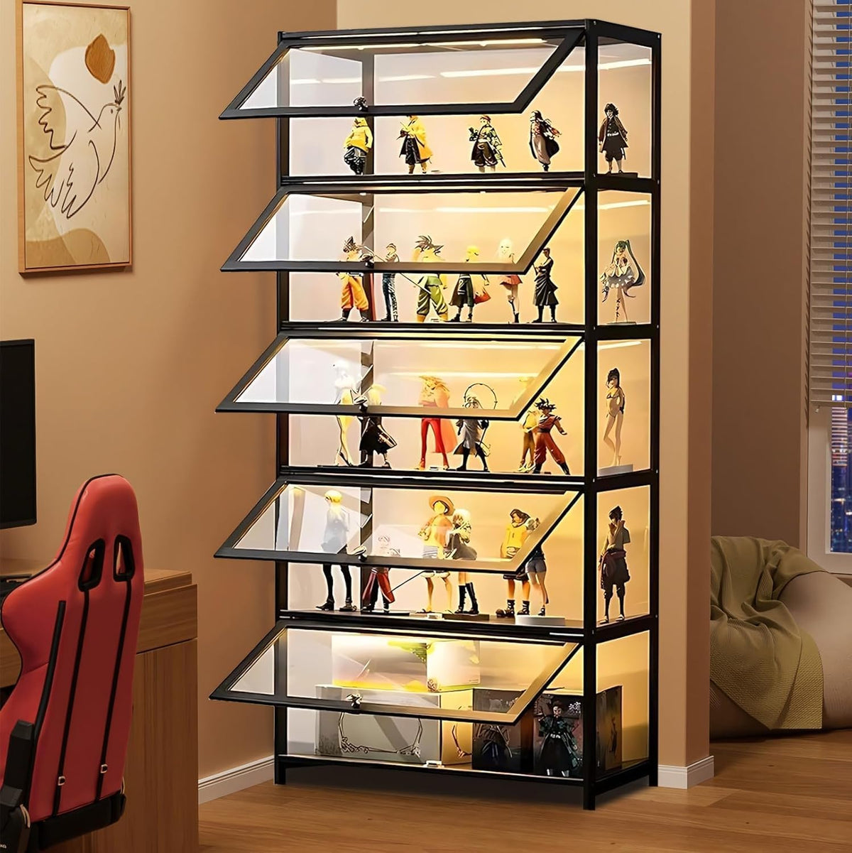 armario, Scribora, vitrina de coleccionista para sala de estar, Vitrina de 5 pisos de pie, estantería con puertas, puertas acrílicas transparentes