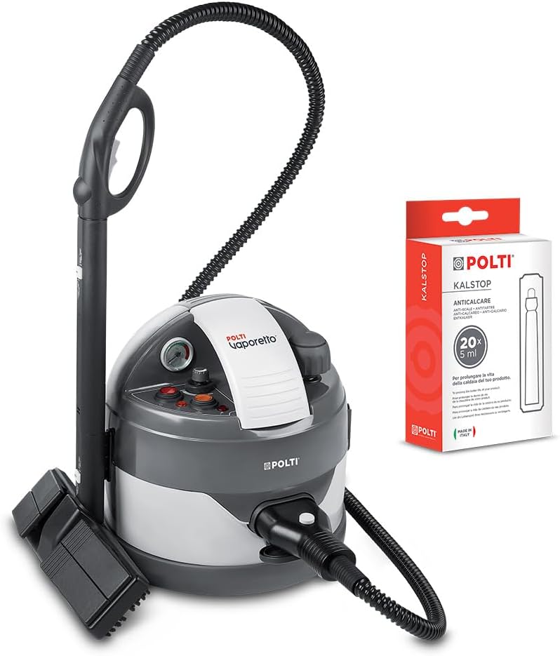 Limpiadoras de vapor, Polti, Limpiador a Vapor con Caldera y Tapón de Seguridad, Fabricado en Italia, Depósito 2 L, 9 Accesorios, Gris
