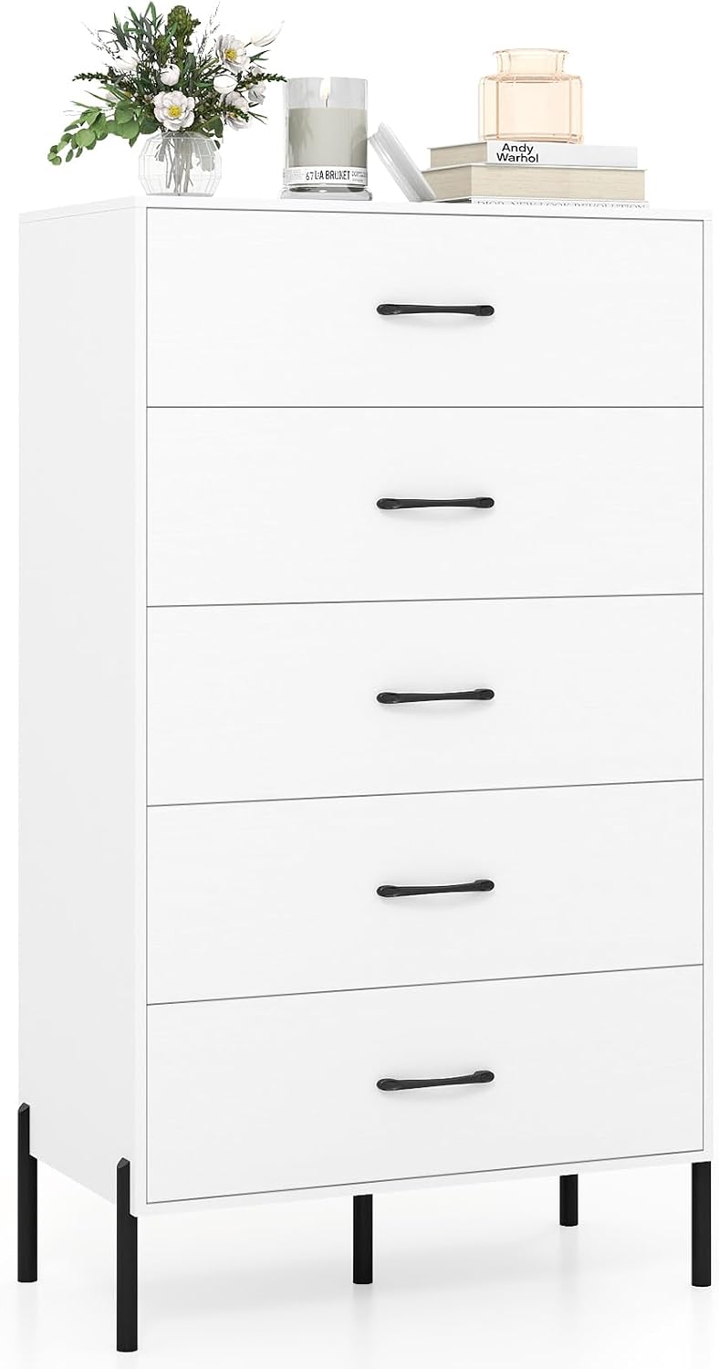 armario, COSTWAY, Cómoda Dormitorio con 5 Cajones, de Almacenamiento para Dormitorio, Cajonera Alta de Madera con Patas y Tiradores de Metal, Blanco