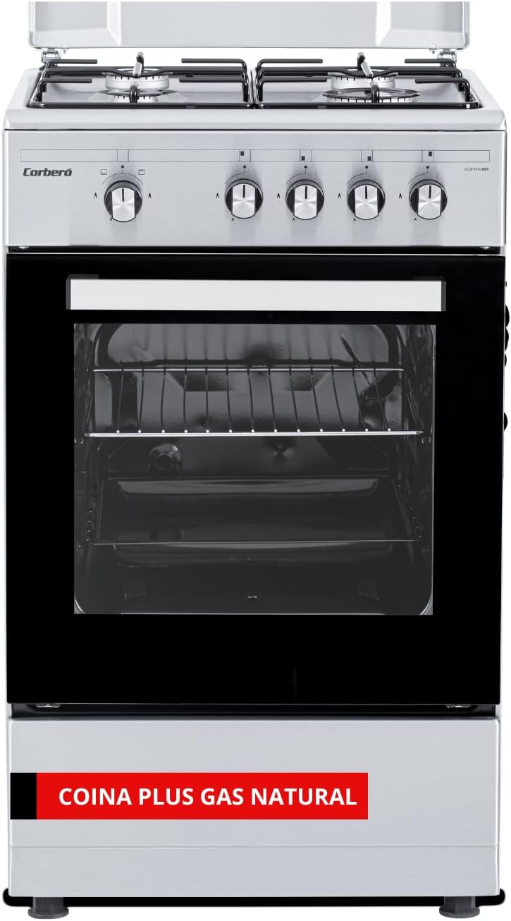 Cocinas independiente CCSF45020NX, Corbero, - Cocina Gas Natural Plus, 4 Fuegos, Horno 43L con Doble Puerta de Cristal, Tapa Metal, Inox
