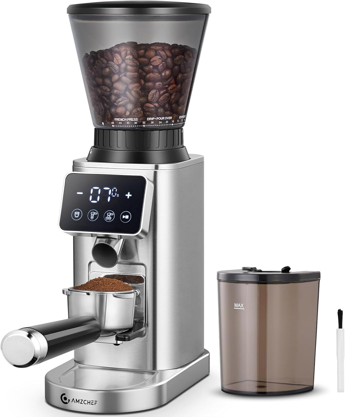 Molinillos de café eléctricos con piñone, AMZCHEF, Sistema Antiestático, Pantalla Táctil LCD, Café Filtrado, French Press, Depósito de 300 g