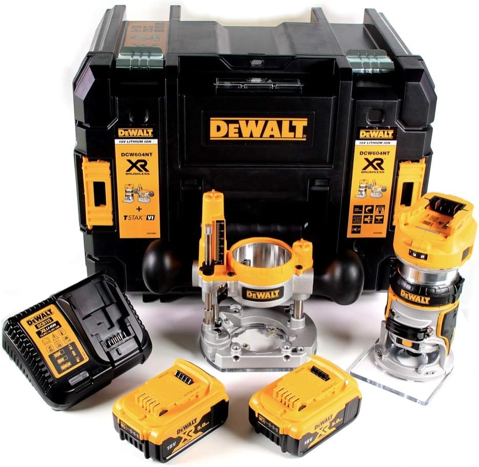 DEWALT DCW604P2-QW Kits de varias herramienta, DCW604P2-QW - Fresadora Combo XR 18V Electrónica con 2 baterías Li-Ion 5,0Ah con maletín TSTAK VI