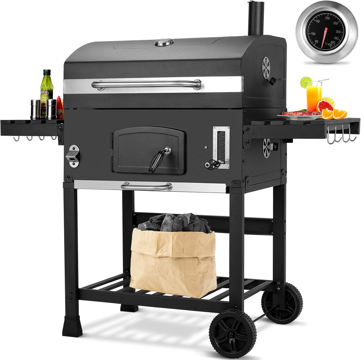 barbacoa de carbón 2PCS, LIFERUN, con 2PCS Ruedas, 138x155x61 cm, Parrilla Barbacoa Carbon con Tapa, XXL BBQ Smoker, Parrilla con Carrito, Termómetro