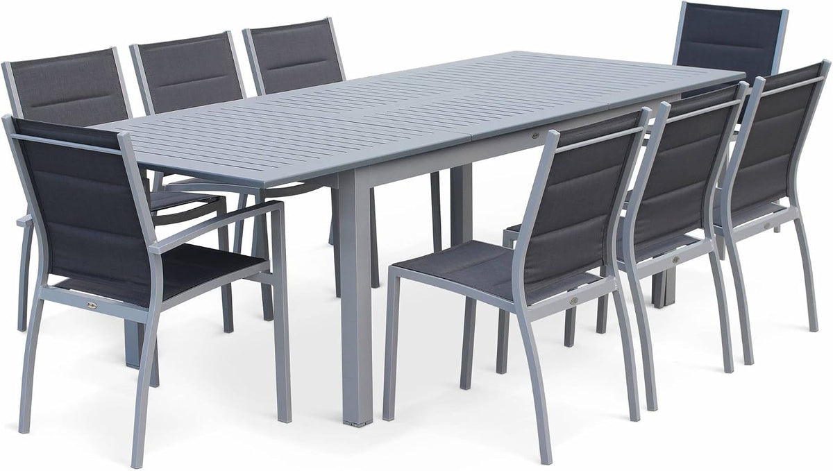 Mesas de comedor, Alice's Garden, sweeek-Mesa de jardín Extensible de Aluminio con 8 sillas Gris - 244x100x75 cm