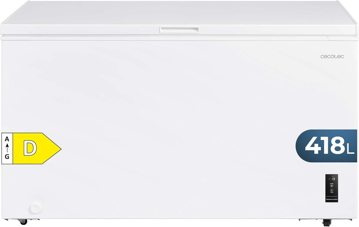 Cecotec 418P congelador horizontal, 418L Bolero CoolMarket Chest 418P White D. Cesta con Asas, Control Electrónico LED, Ruedas, Bajo Consumo