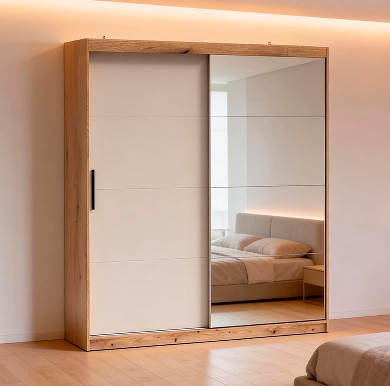 armario, Meyvaser.com Ecommerce Company, Interior con 5 Estantes y Barra de Colgar, de 2 Puertas Correderas con Espejo de Gran Formato