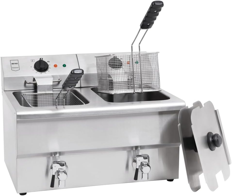 Freidora GDF5028, METRO Professional, Doble GDF5028, 2x 8 L, con Grifo, Regulador de Temperatura, Zona Fría, Plateado, Acero Inoxidable SS304