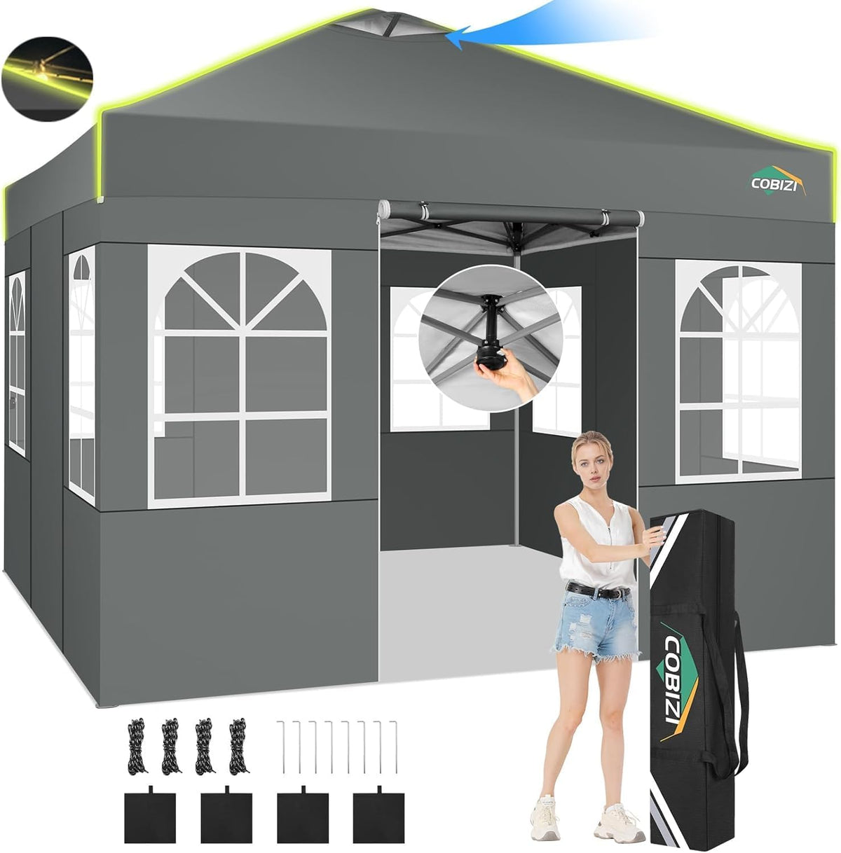 cenador, COBIZI, Carpa Plegable 3x3 con Bloqueo Central de Un Solo Botón, Bandas Fluorescentes, Ventilación