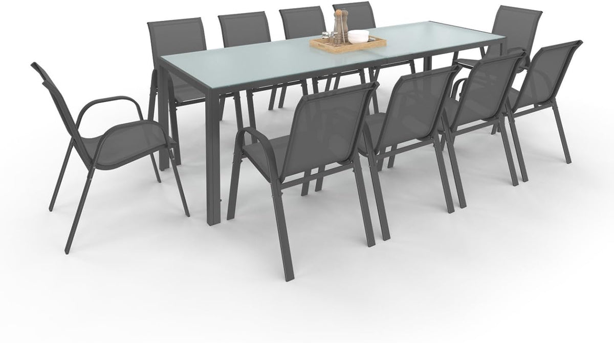Juegos de comedor, IDMarket, – Salón de jardín Madrid Mesa 240 cm y 10 sillas apilables gris antracita bandeja clara