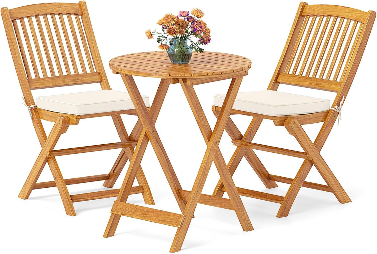 Juegos de bistro, GIANTEX, Mesa y Sillas Terraza de Madera de Acacia con 2 Cojines Acolchados Removibles, Set de Bistró con 3 Piezas Plegables