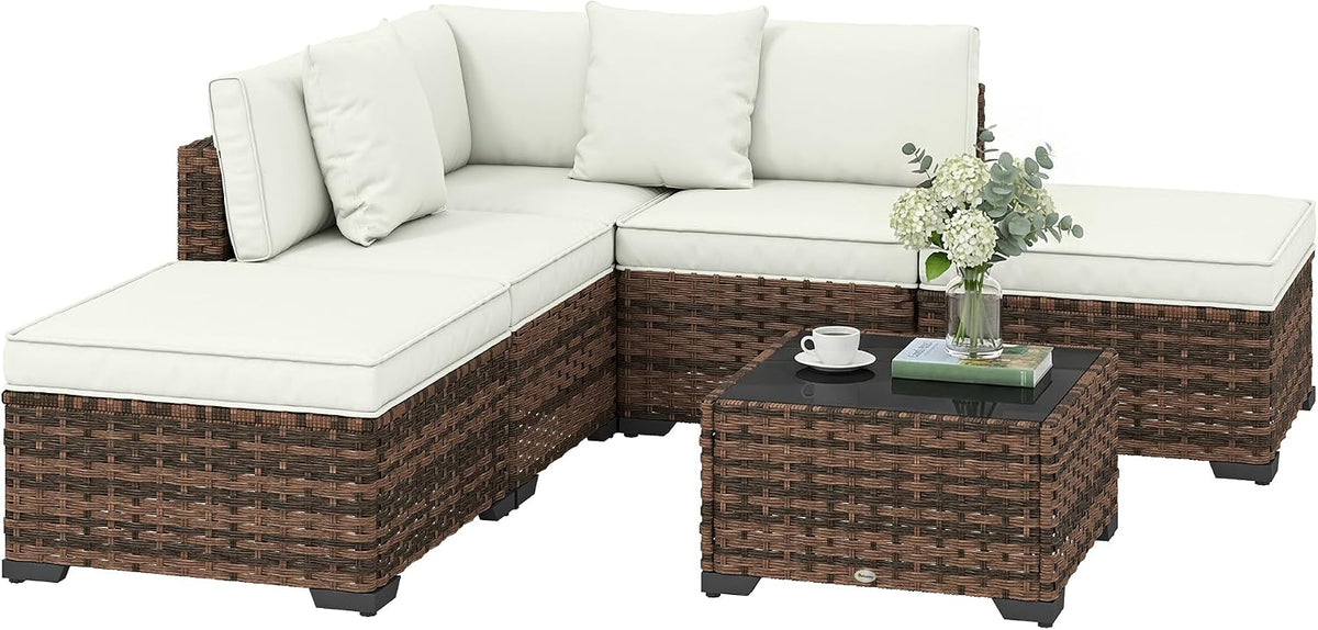 conjunto de muebles de jardín, Outsunny, Conjunto de Jardín de Ratán de 6 Piezas, Conjunto Terraza Resistente, 4 Módulos de Asiento, Marrón Mixto