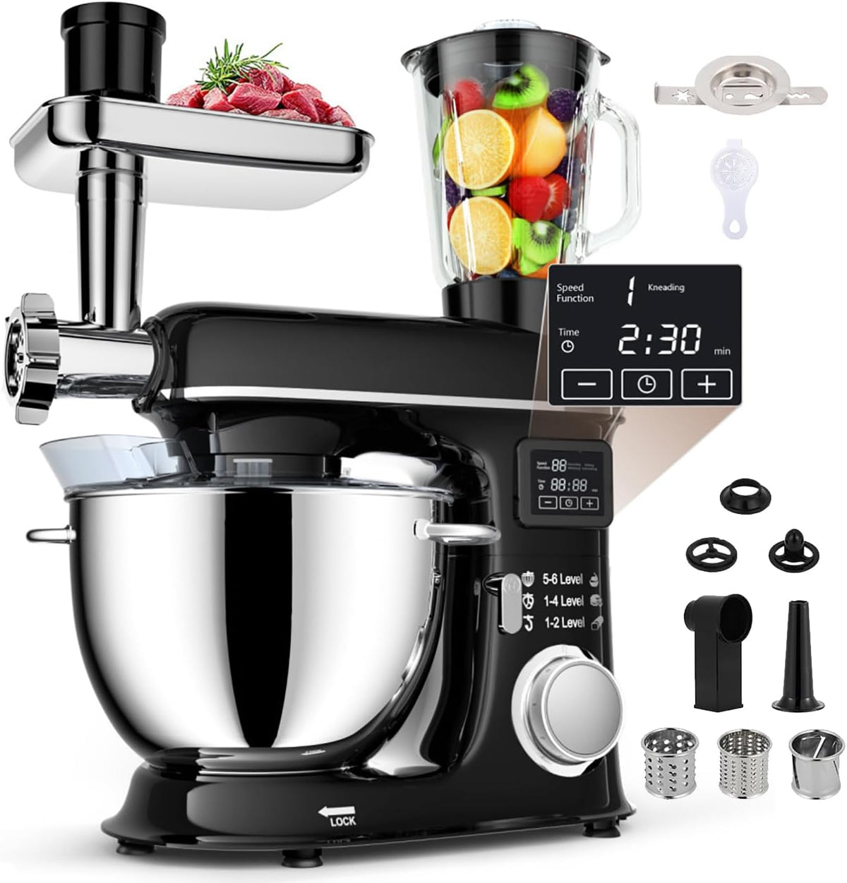 Batidoras de vaso, YXZYFPP, Batidora de pie eléctrica de 8 litros con Pantalla LED, 6 velocidades, Cabezal inclinable, picadora de Carne
