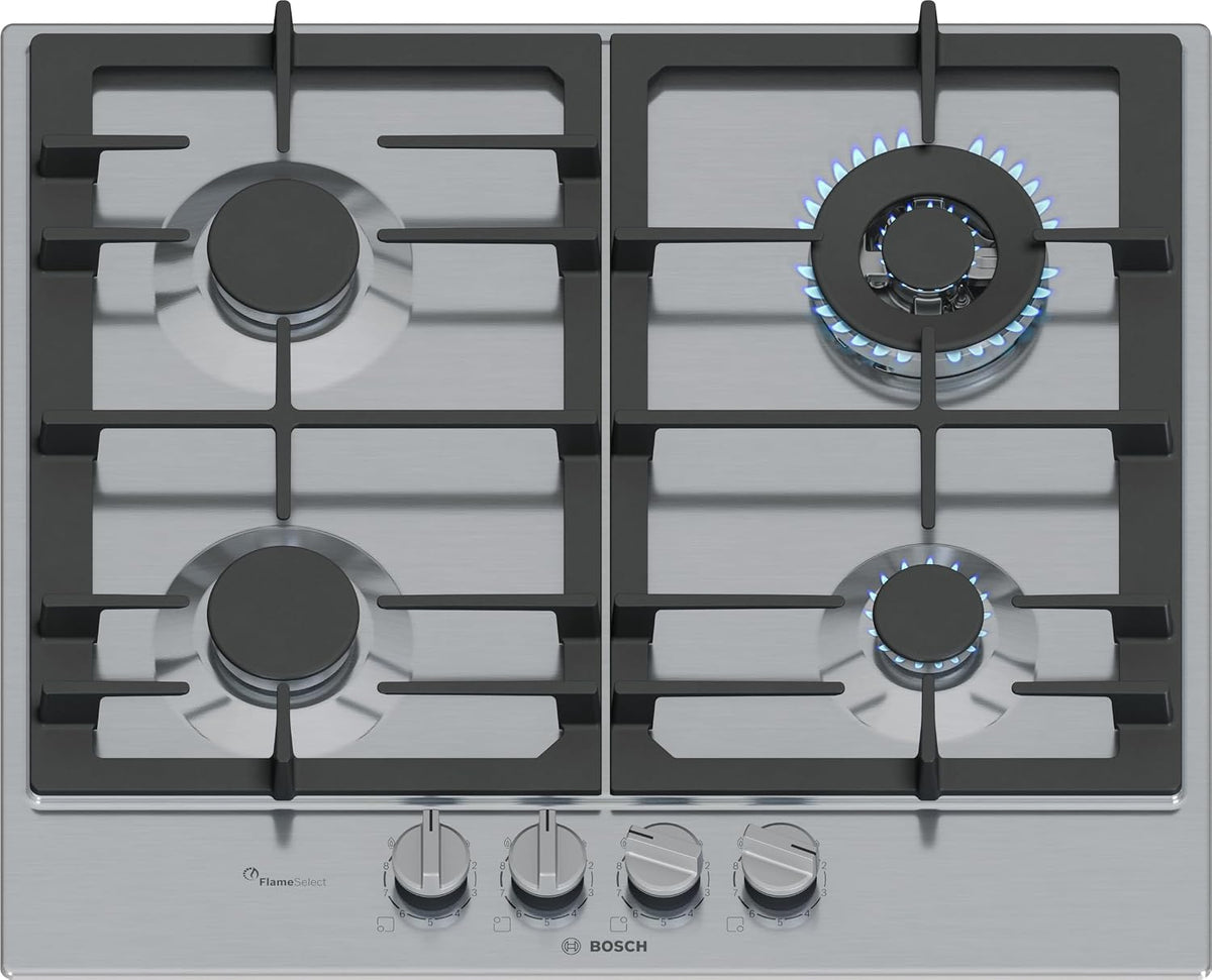 Bosch PCH6A5I90 Placa, PCH6A5I90 Serie 6 - de gas FlameSelect con asas magnéticas extraíbles, acero, WOK, parrillas de hierro fundido