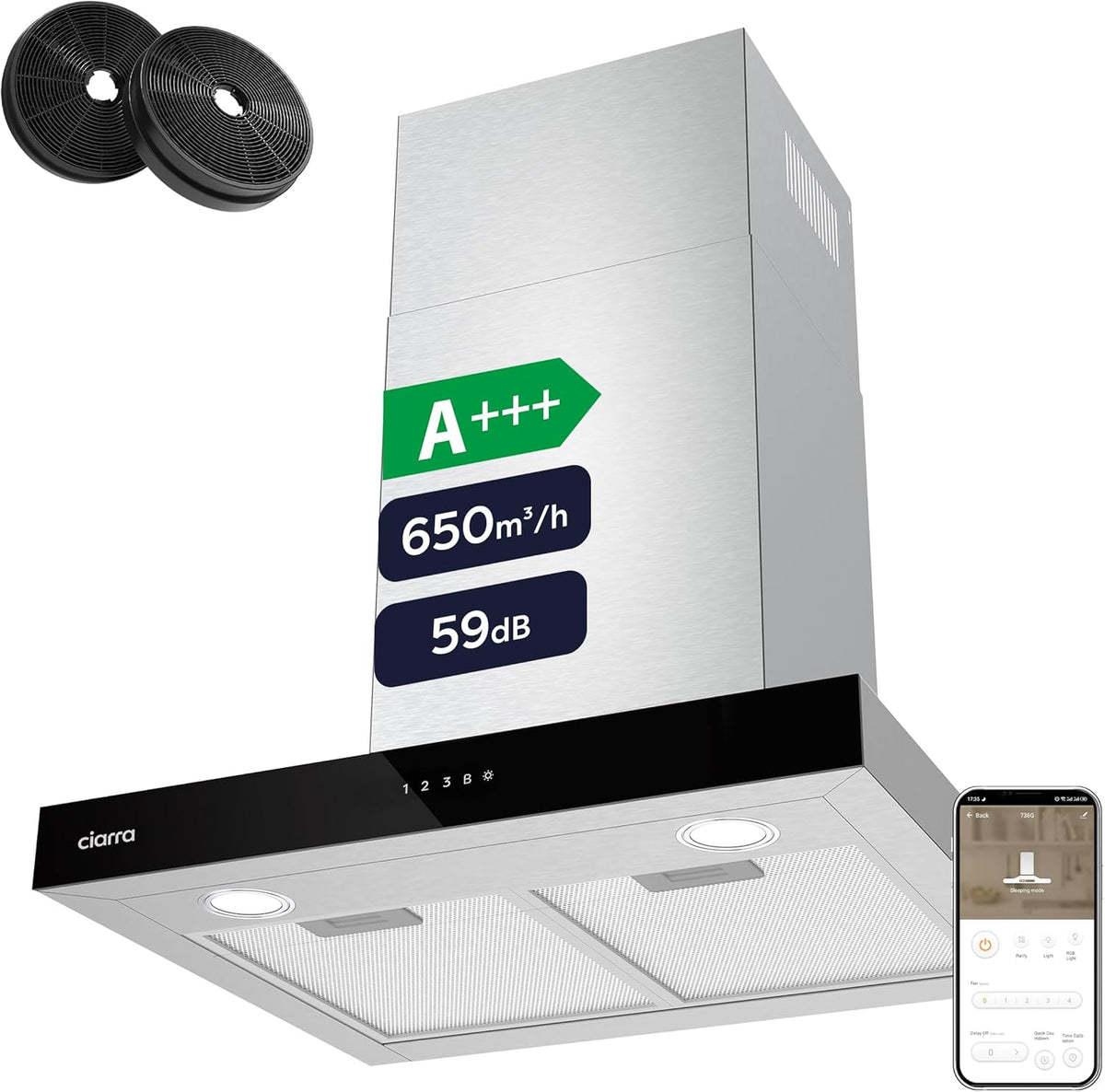 campana extractora CBCS6102, CIARRA, h WiFi Plateada A+++