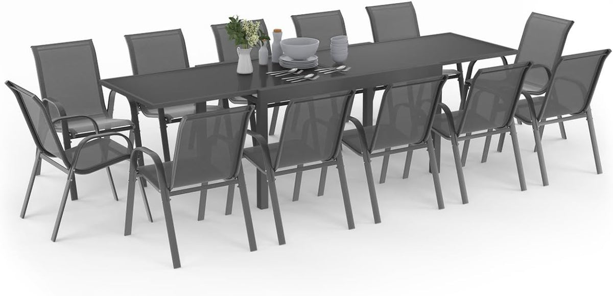 Mesas de comedor, IDMarket, - Muebles de jardín Madrid, mesa gris, gris antracita, 135-270 cm y 12 sillas apilables, extensible