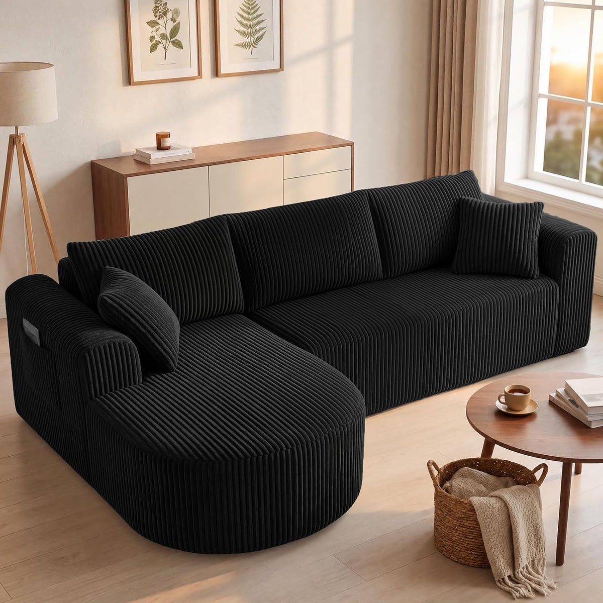 sofá cama, COMHOMA, sofá para salón, color negro, Sofá esquinero con función de dormir, seccional con cojines y bolsillos laterales, sin montaje