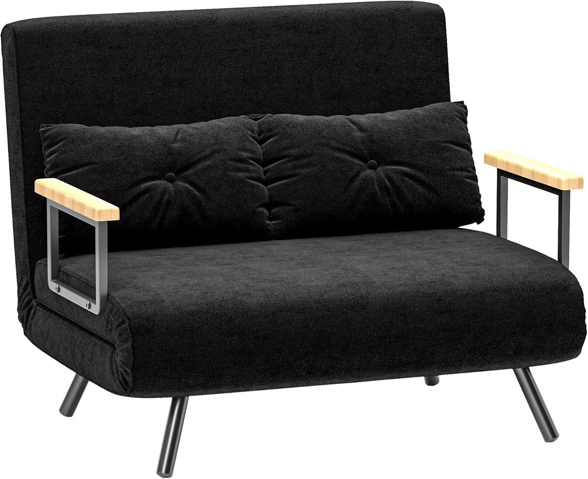 sofá cama, HOMCOM, para Oficina, Dormitorio, Salón, Plegable Tapizado en Terciopelo con Respaldo Ajustable de 5 Niveles y Almohadas Acolchadas, Negro
