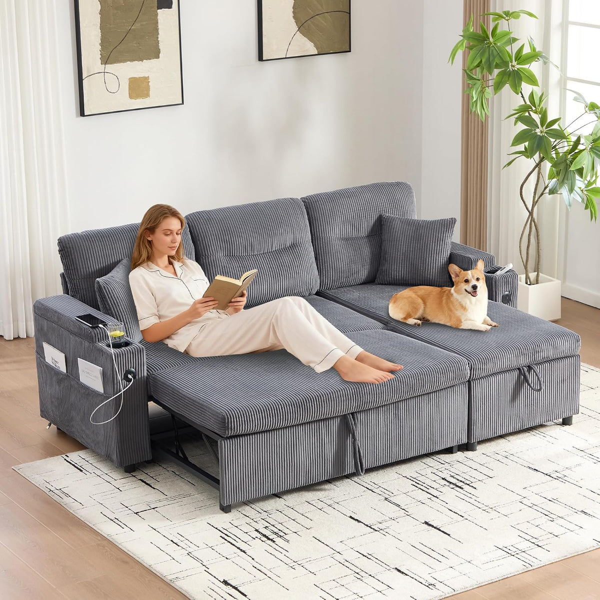 sofá cama, Yihomfy, sofá esquinero convertible de 3 plazas con 2 portavasos y puertos USB para salón, gris oscuro, Sofá convertible, cine en casa