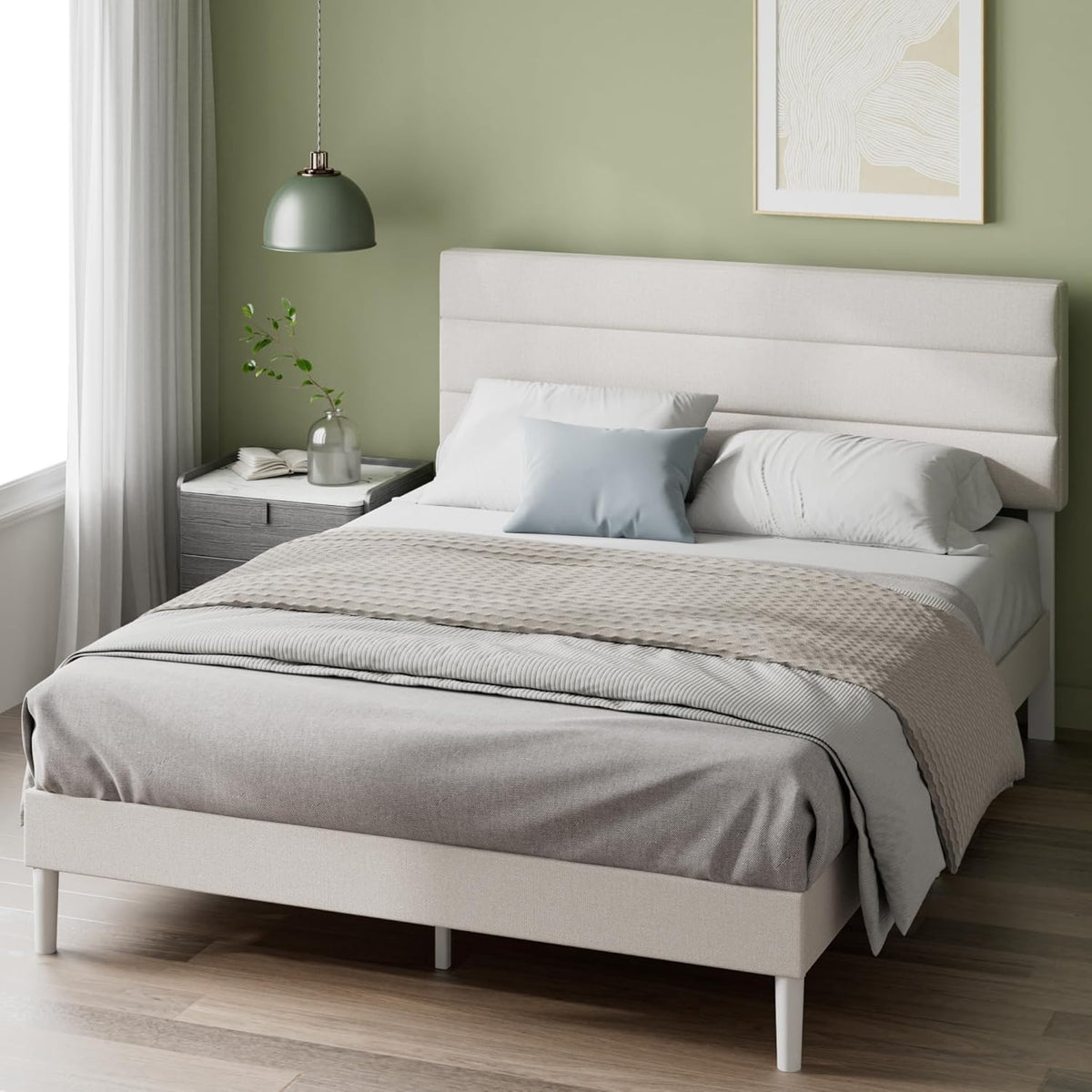 Zinus cama Zinus Piper Estructura Cama 150x190 cm - Altura 30 cm - Base Cama Queen Size Tapizada con Cabecero - Láminas de Madera - Montaje Fácil