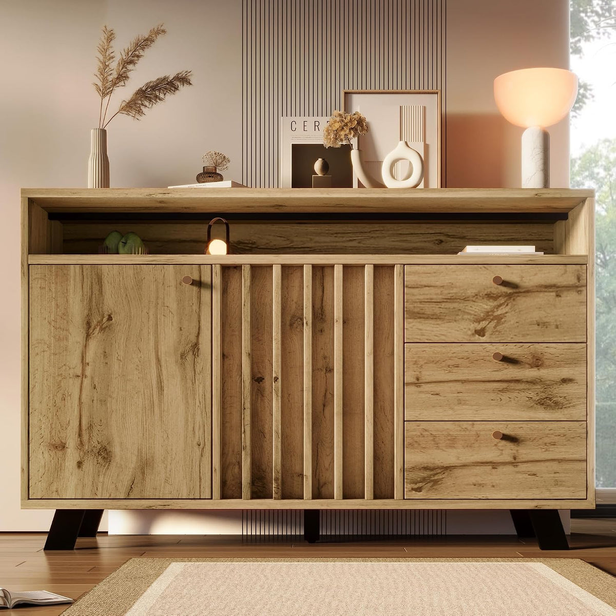 armario, Bladez, salón, aspecto de madera, 3 cajones, 2 puertas y compartimento abierto, 120 x 40 x 85 cm, Aparador vintage con frente de láminas