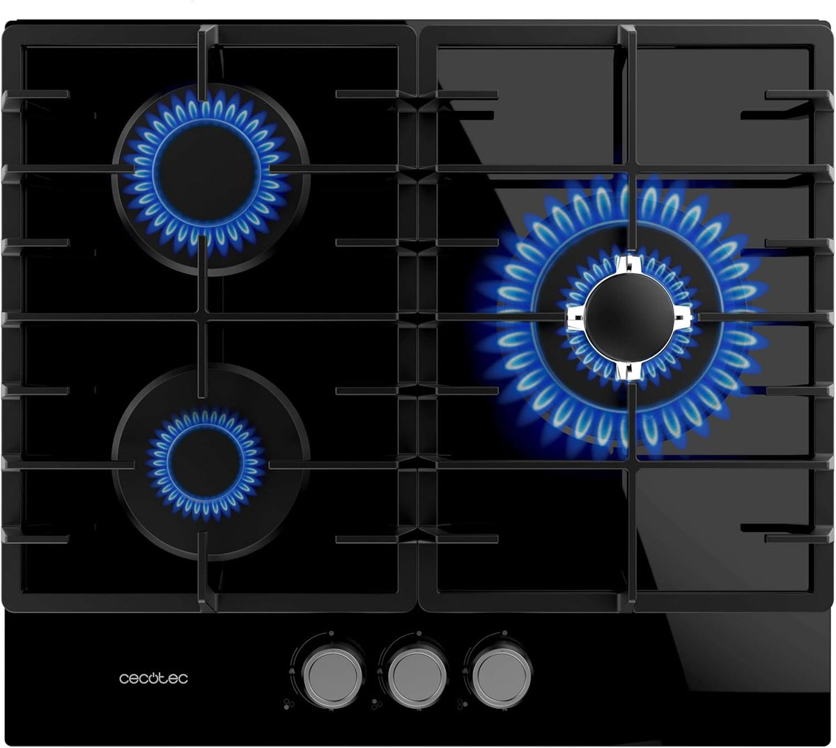 Cecotec 3200F Placa, Preparada para Gas Natural, de Gas 3 Fuegos Bolero Squad GN 3200F Glass Black. 6,25kW, Cristal Negro