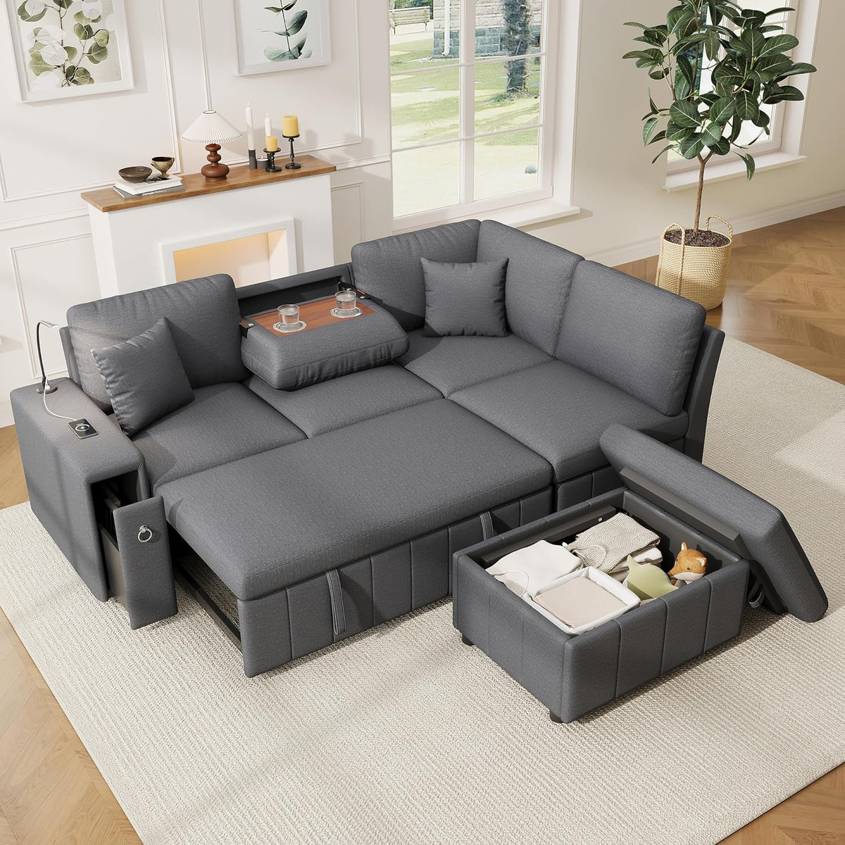 sofá, Idemon, para sala de estar, luz de lectura y 2 almohadas, esquinero extensible en forma de L con función de dormir, taburete de almacenamiento