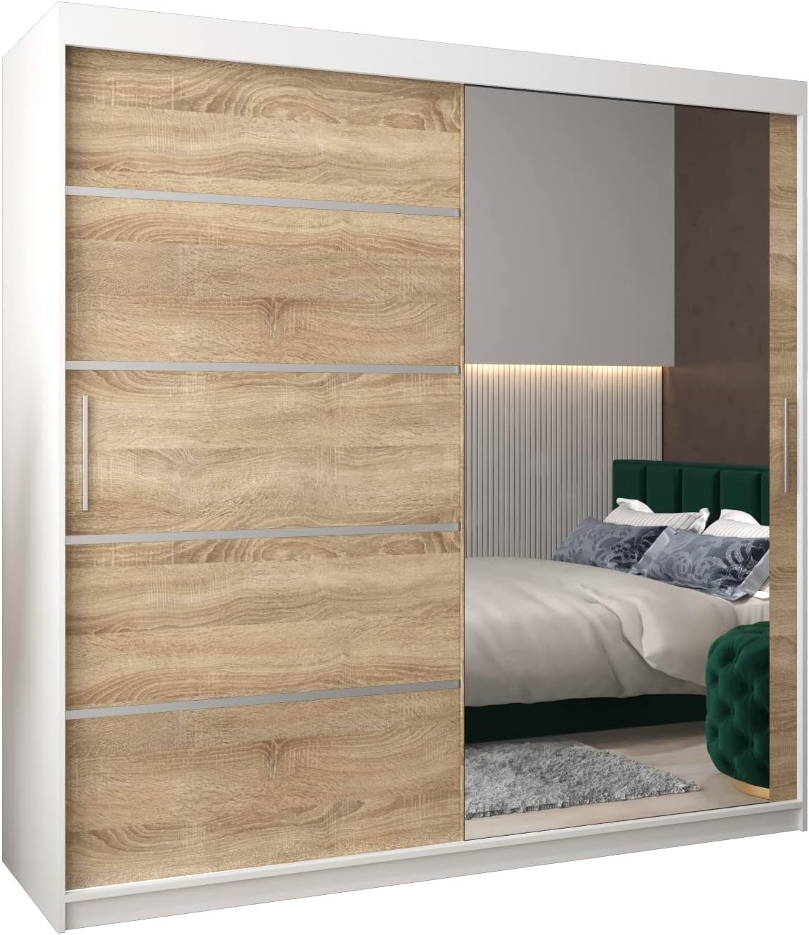 armario, ABIKSMEBLE, Verona 2 200 de Dormitorios con Dos Puertas Correderas - de Almacenamiento Moderno con Espejo