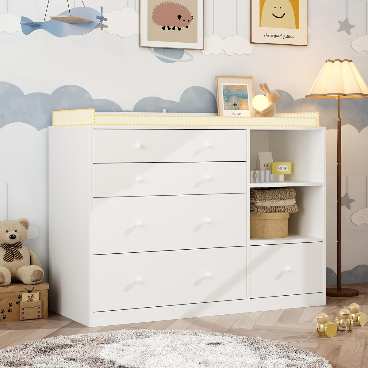Cambiadore, DEZAGCE, arcón para bebé, muebles para bebé, dormitorio, blanco, estante cambiador con 5 cajones, mueble cambiador, cuidado del bebé, MDF