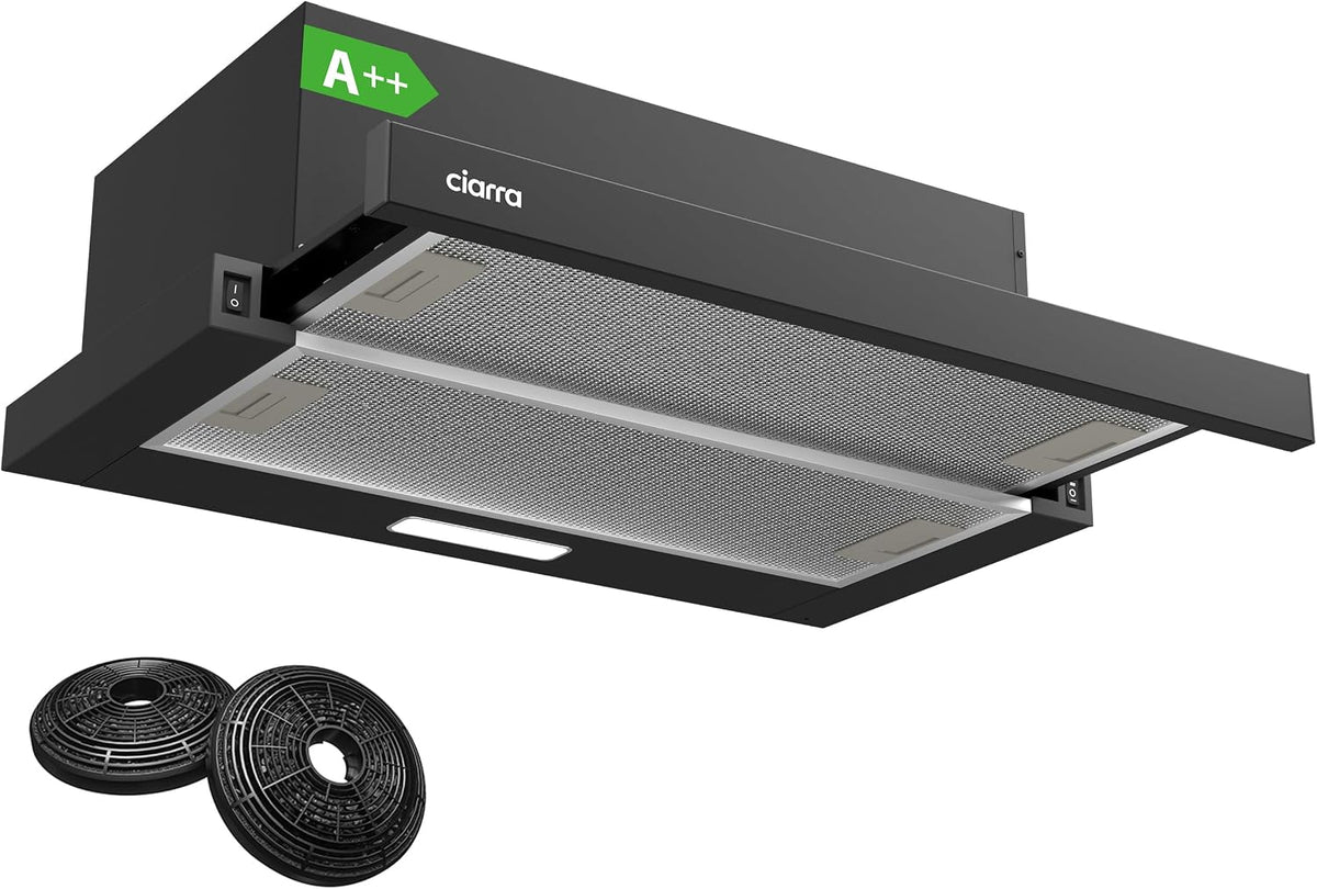 campana extractora CBCB6906D, CIARRA, CBCB6906D Telescópica Cocina 60 cm 391 m3, h 2 Niveles Iluminación LED Filtro de Carbón Negro