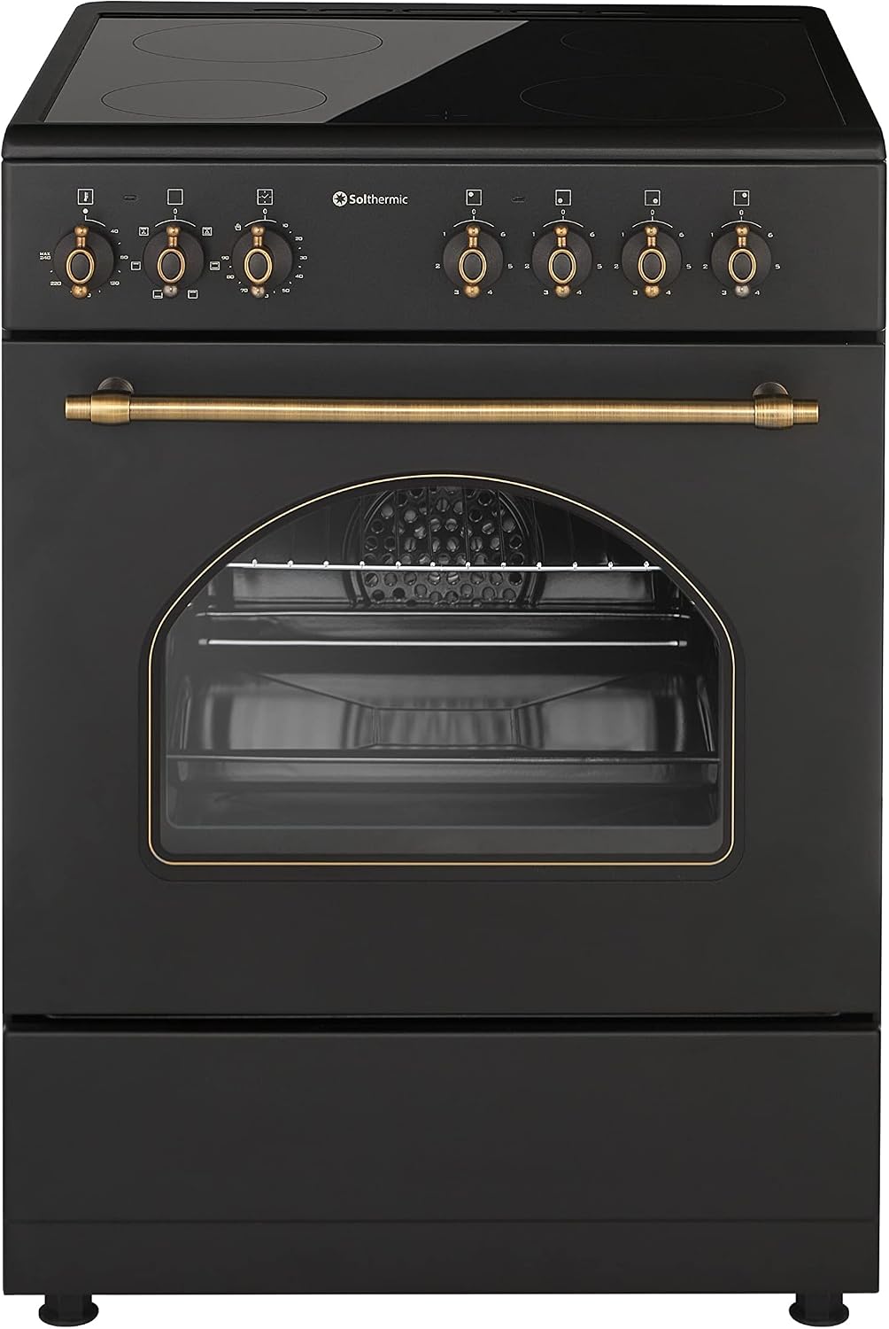 Cocinas independiente VTC60N, SOLTHERMIC, 4 FOCOS, HORNO 60 L., NEGRA RÚSTICA ACABADOS DORADOS, FUNCION TURBO Y TEMPORIZADOR